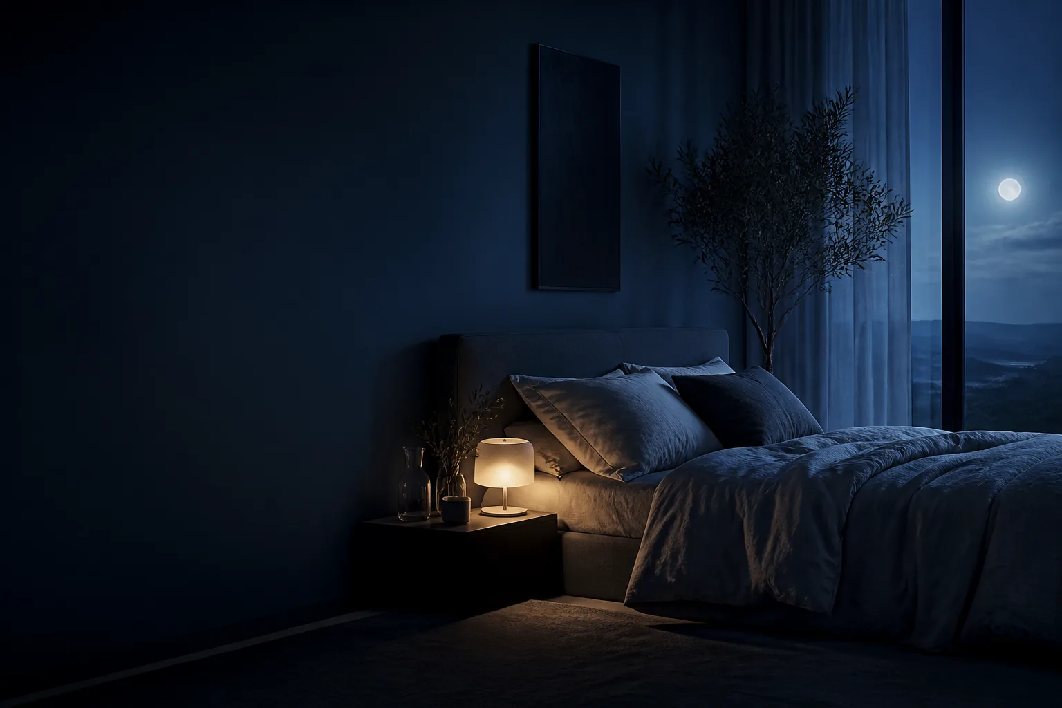 A quiet bedroom at night with soft window light